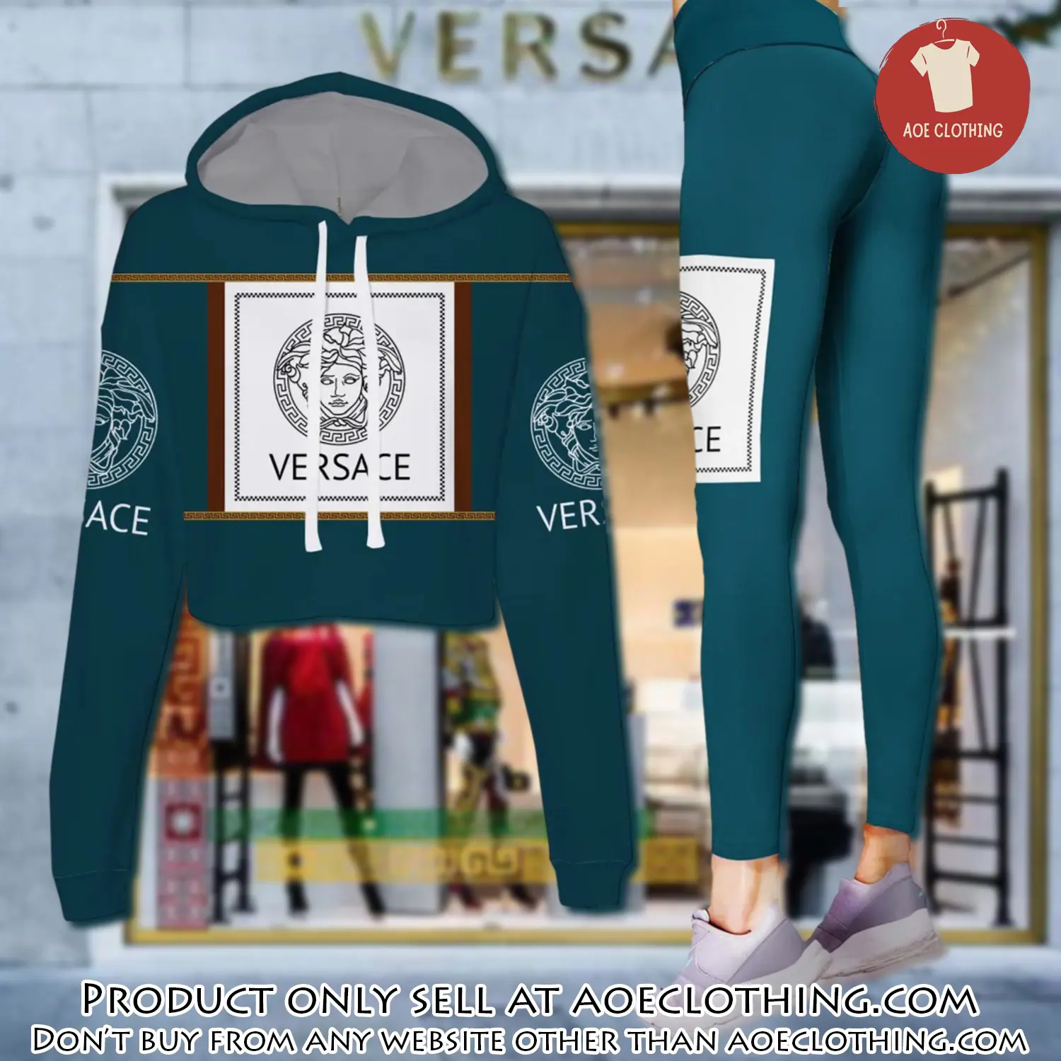 Versace teal color luxury brand clothes leggings and crop top set for women aoe1456535